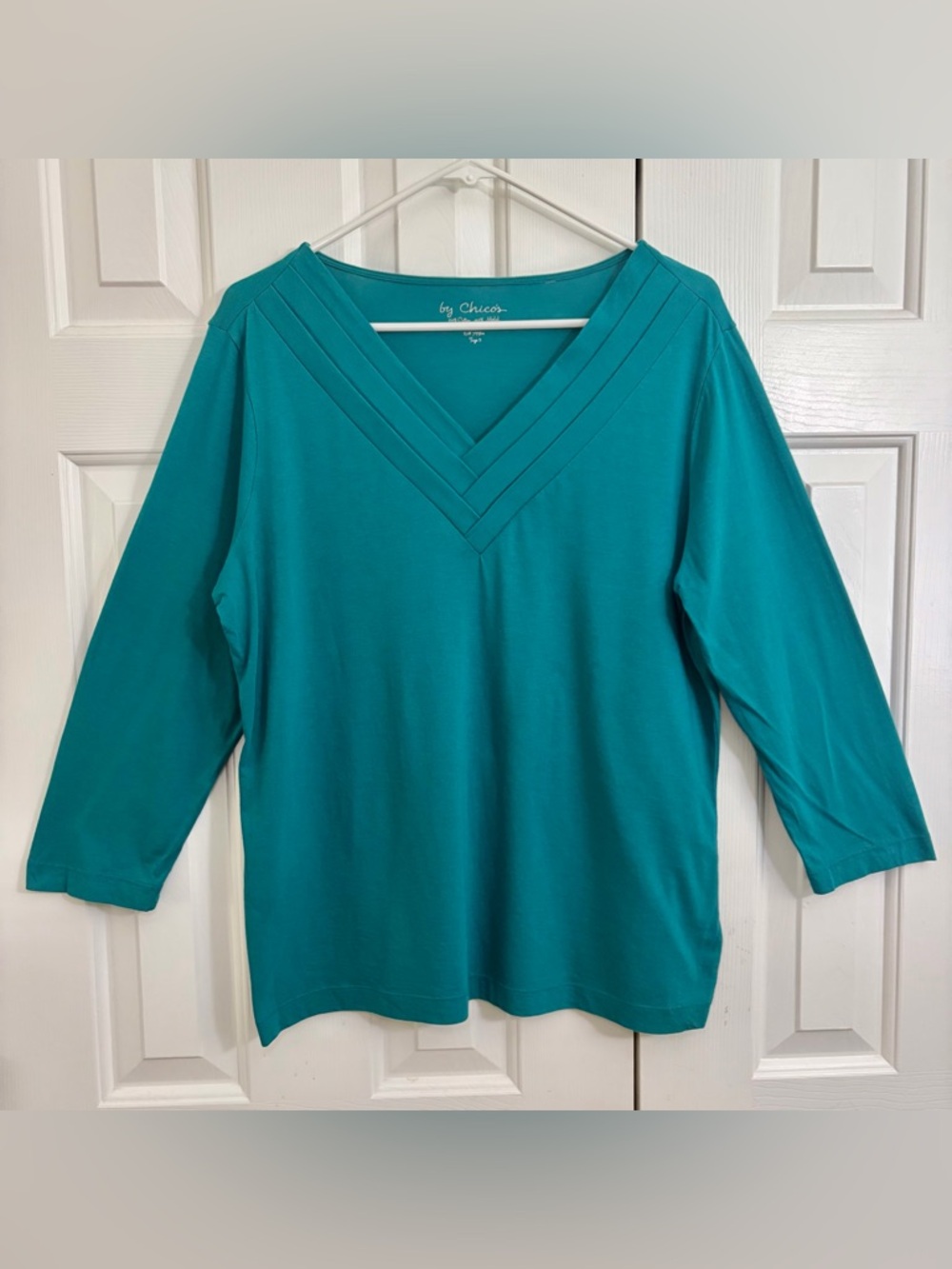 Chico's Teal Blue V-Neck 3/4 Sleeve Cotton & Modal Knit Casual Top Size Large